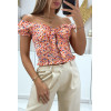 Crop top col bateau motif fleuris orange avec noeud - 1