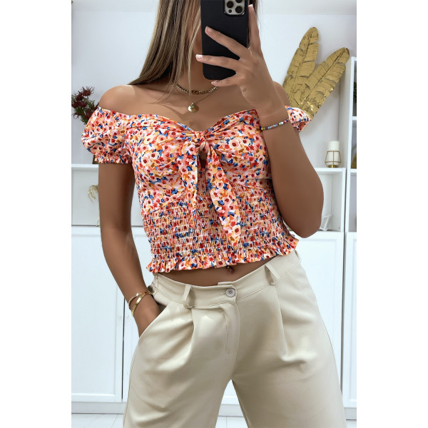 Crop top col bateau motif fleuris orange avec noeud - 2