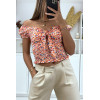 Crop top col bateau motif fleuris orange avec noeud - 2