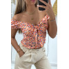 Crop top col bateau motif fleuris orange avec noeud - 3