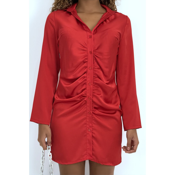 Robe chemise froncée satinée rouge - 1