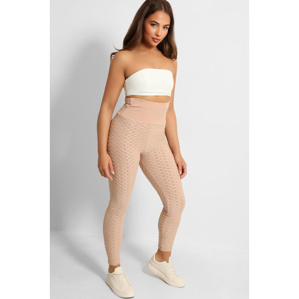 Legging push-up taille haute beige anti-cellulite effet minceur avec noeud au dos - 1