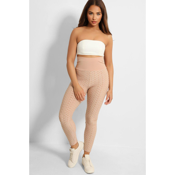 Legging push-up taille haute beige anti-cellulite effet minceur avec noeud au dos - 2