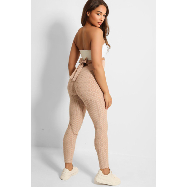 Legging push-up taille haute beige anti-cellulite effet minceur avec noeud au dos - 3