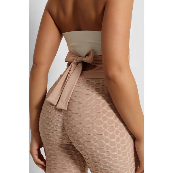 Legging push-up taille haute beige anti-cellulite effet minceur avec noeud au dos - 4