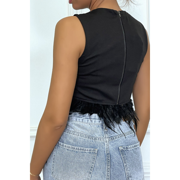 Crop top noir avec plumes sans manches à col rond - 1