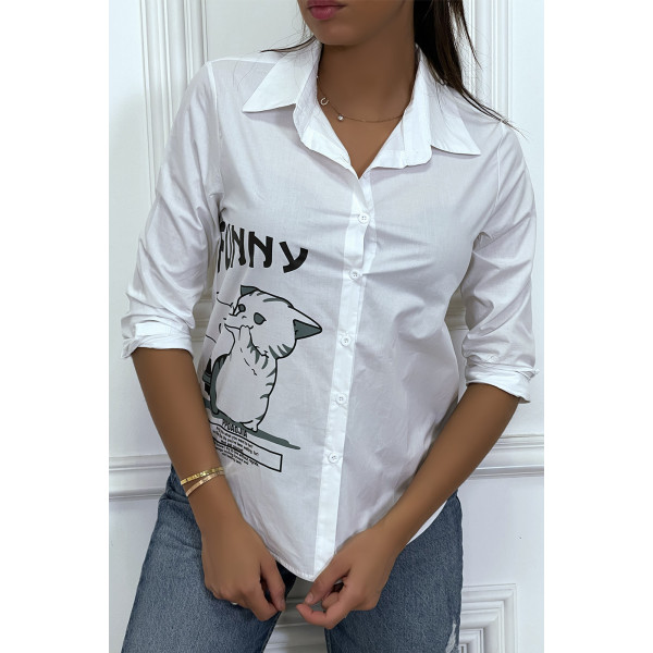 Chemise blanche manches longues avec dessin et inscripstion - 7