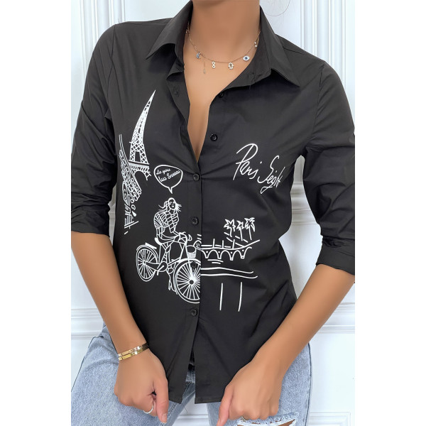 Chemise noire cintrée avec illustration Paris - 1