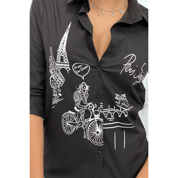 Chemise noire cintrée avec illustration Paris - 2