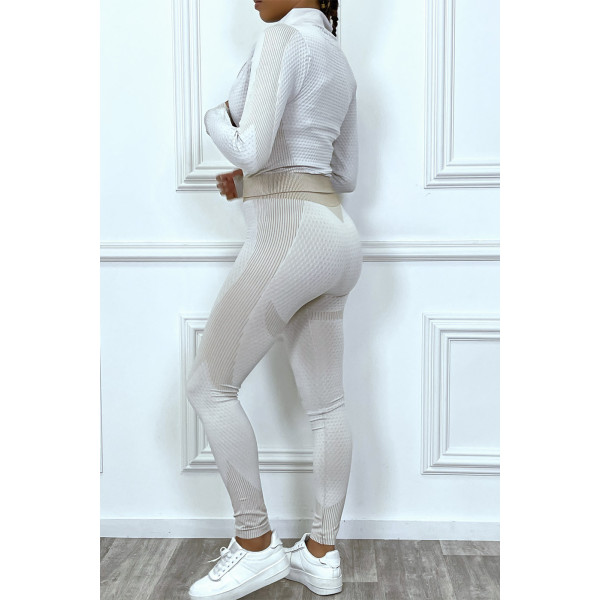 Ensemble de sport beige 3 piéces : Top , legging et gilet , sans couture a detail contrasté - 5