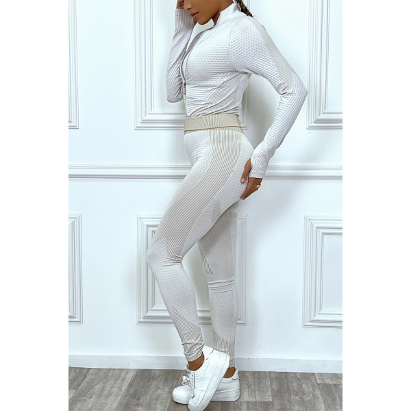 Ensemble de sport beige 3 piéces : Top , legging et gilet , sans couture a detail contrasté - 6