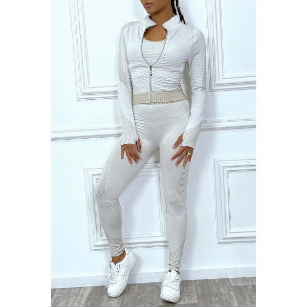 Ensemble de sport beige 3 piéces : Top , legging et gilet , sans couture a detail contrasté - 10