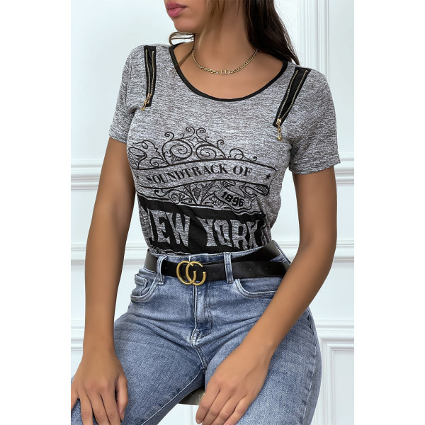 Tee shirt gris imprimé avec fermeture eclair - 2