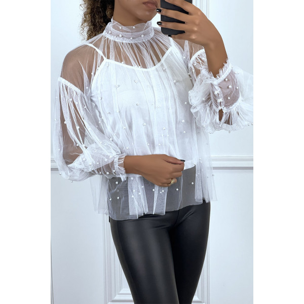 Blouse blanche en tulle transparent perlé à col haut - 1