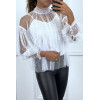 Blouse blanche en tulle transparent perlé à col haut - 1