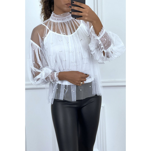 Blouse blanche en tulle transparent perlé à col haut - 2