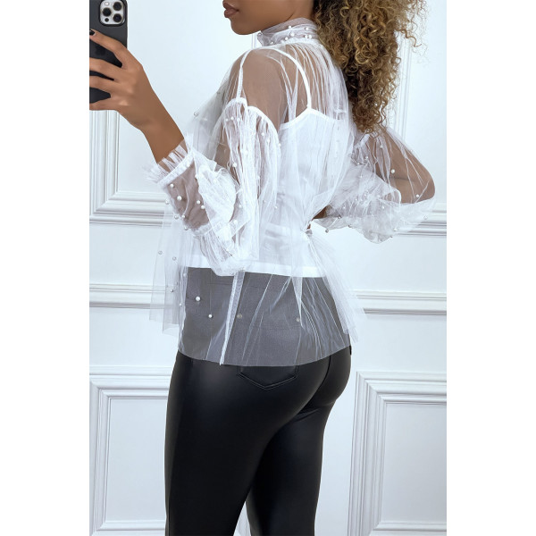 Blouse blanche en tulle transparent perlé à col haut - 3