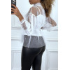 Blouse blanche en tulle transparent perlé à col haut - 3