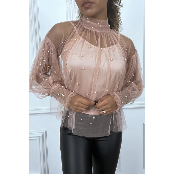 Blouse rose en tulle transparent perlé à col haut - 1