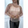 Blouse rose en tulle transparent perlé à col haut - 1