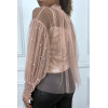 Blouse rose en tulle transparent perlé à col haut - 2