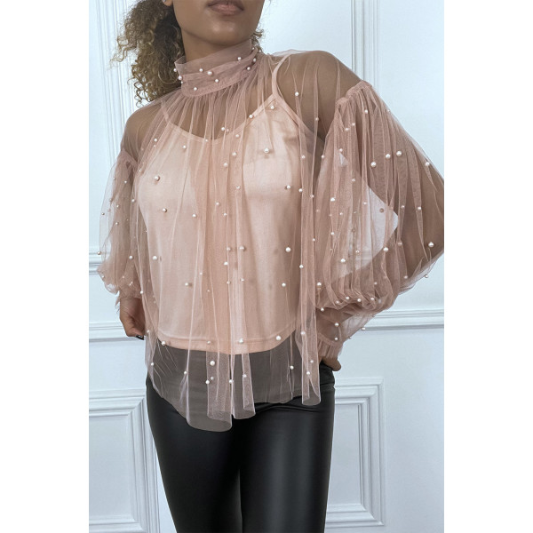 Blouse rose en tulle transparent perlé à col haut - 4