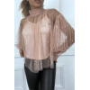 Blouse rose en tulle transparent perlé à col haut - 4