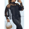 Blouse noire en tulle transparent perlé à col haut - 1