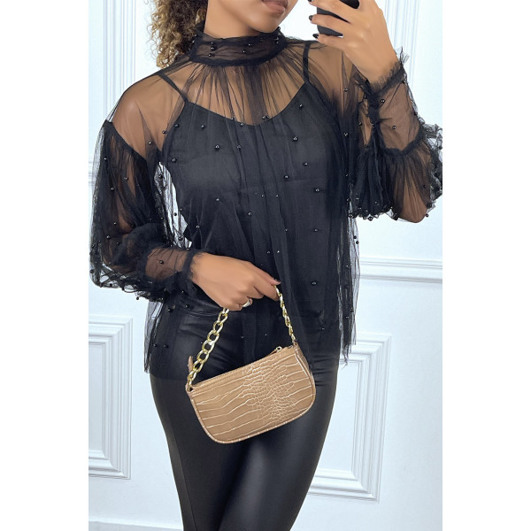 Blouse noire en tulle transparent perlé à col haut - 2