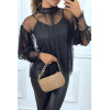 Blouse noire en tulle transparent perlé à col haut - 2