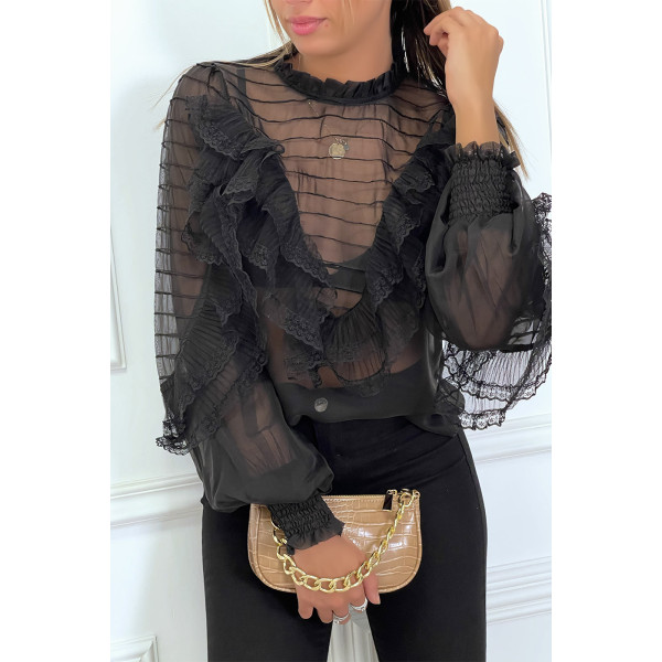 Blouse noir en tulle avec broderie et volant - 2