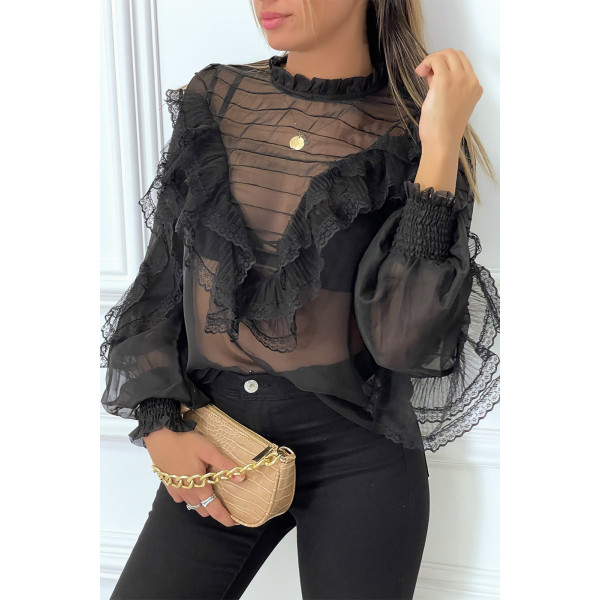 Blouse noir en tulle avec broderie et volant - 4