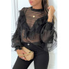 Blouse noir en tulle avec broderie et volant - 4