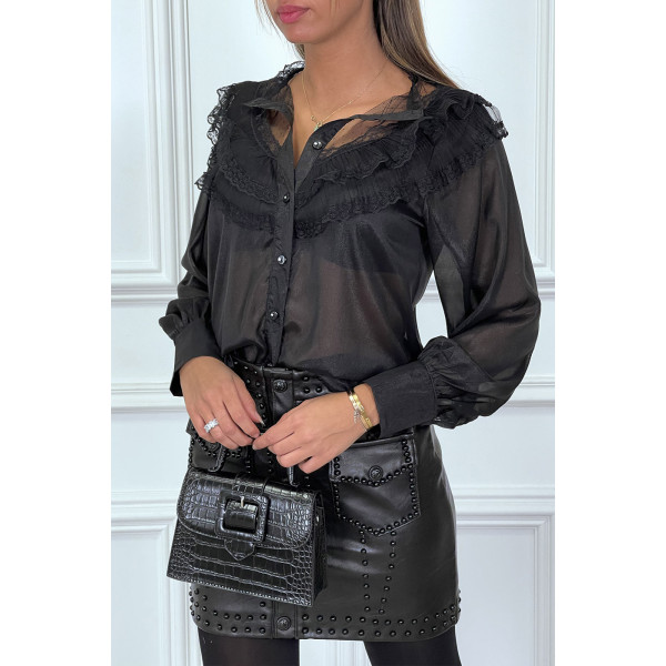 Chemise noire avec dentelle plissé et volant très chic - 1