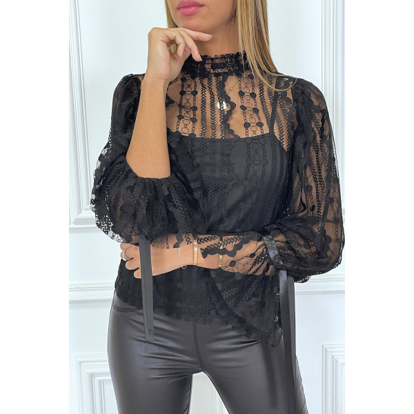 Blouse noire en tulle et dentelle à volants - 3