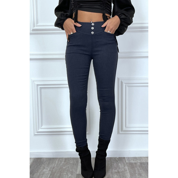 Pantalon slim marine avec 3 boutons et poches - 1