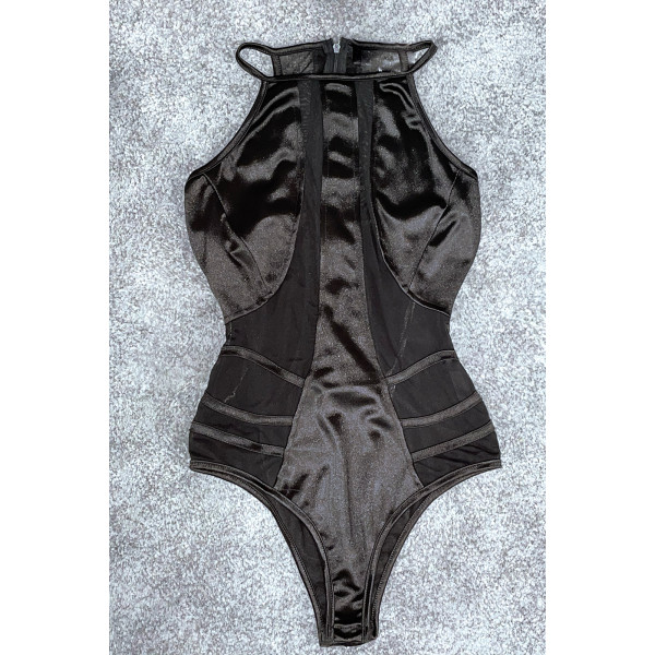 Body noir en satin et semi transparent - 1