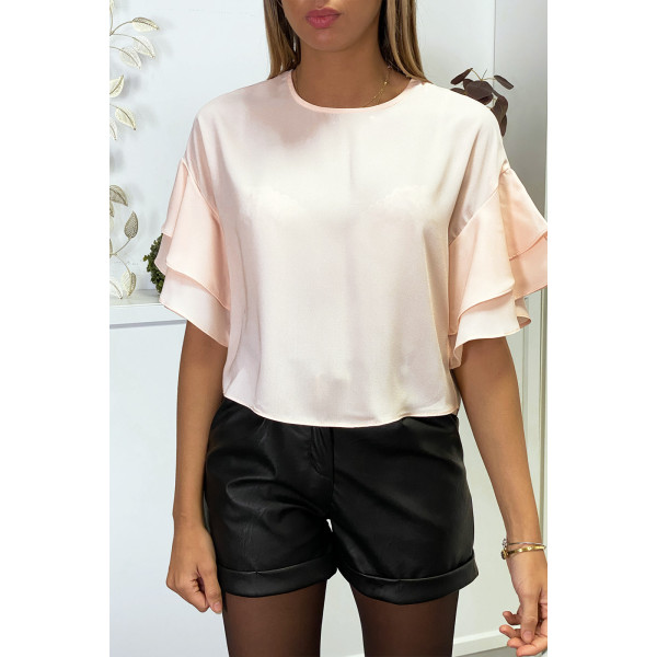 Blouse rose en crêpe avec volants aux manches - 1