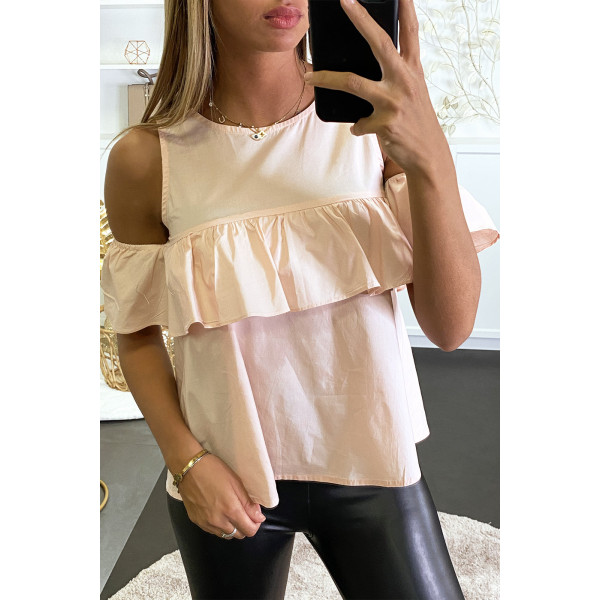 Blouse rose à volant et épaules dénudées effet bouffant. - 2