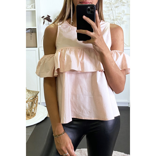 Blouse rose à volant et épaules dénudées effet bouffant. - 3