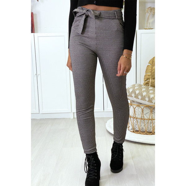 Pantalon slim à motif vichy taupe molletonné à l'intérieur avec poches et ceinture - 1