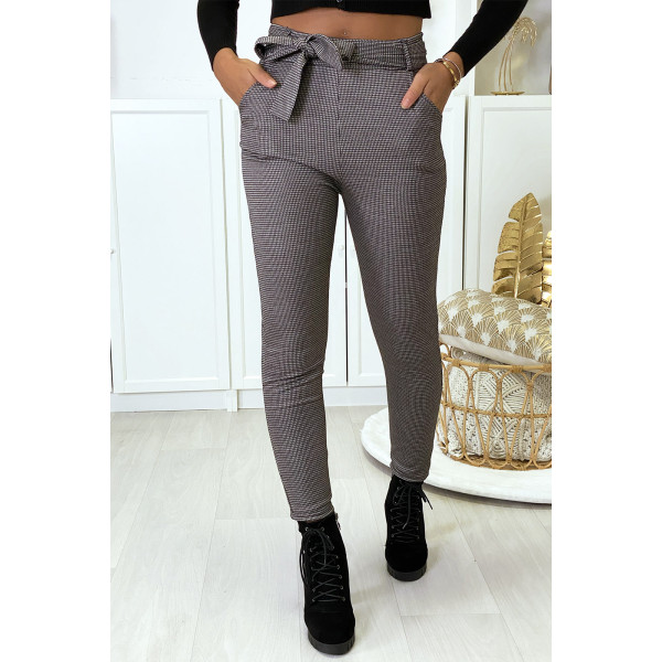 Pantalon slim à motif vichy taupe molletonné à l'intérieur avec poches et ceinture - 3