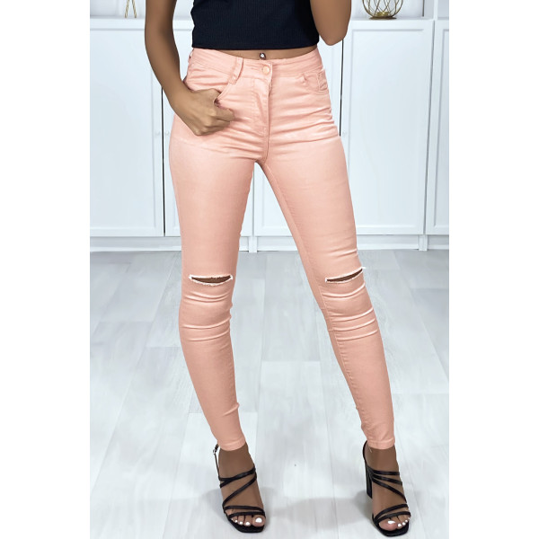 Jeans slim rose avec 5 poches déchiré aux genoux - 1