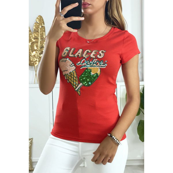 Tee-shirt rouge avec dessin en strass - 1