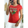 Tee-shirt rouge avec dessin en strass - 1