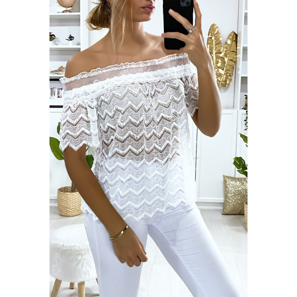 Blouse blanche en dentelle avec col bateau - 4