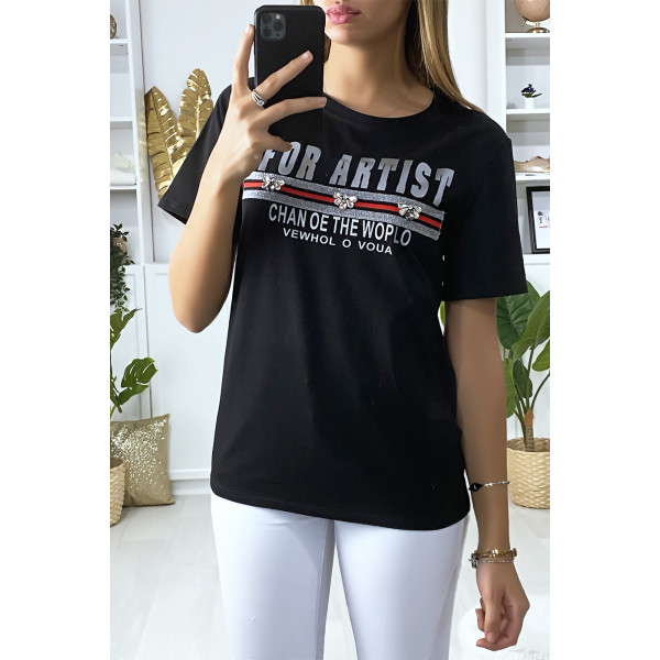 T-shirt noir avec écriture et strass - 3