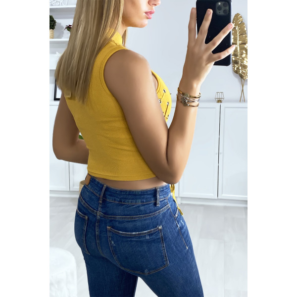 Crop top moutarde avec lacet sur les côtés - 4