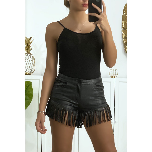 Joli short noir en simili avec poches et frange - 1