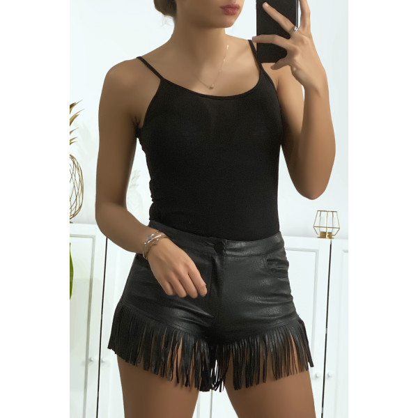 Joli short noir en simili avec poches et frange - 2